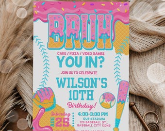 Bruh You In Baseball Drip Birthday Invitation| Boys Baseball Ice Cream Drip Party Invite| Teen Boys Baseball Ice Cream Drip Canva Template