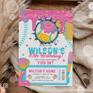 May include: A baseball-themed birthday invitation with a pink and blue color scheme. The design features a baseball made of a waffle cone and a donut, with the text "Wilson's 10th Birthday!" and event details. The invitation includes the text "Admit One".