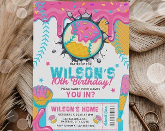Boys Baseball Ice Cream Drip Party Invite| Boy Drip Baseball Ice Cream Invitation| Baseball Drip Birthday Party| Editable Canva Template