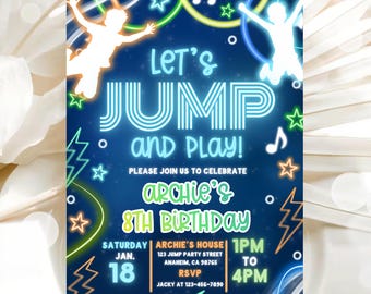 Neon Boys Jump Birthday Invitation | Editable Trampoline Park Invite | Bounce House Party | Neon Let’s Jump Boys Printable | Canva Template