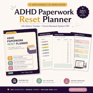 Op de afbeelding: Een digitale ADHD Paperwork Reset Planner PDF-set met een donkerpaarse omslag, documentoverzicht, vernieuwingstracker en checklistpagina's. Het ontwerp bevat pastelkleurige vakken, iconen en georganiseerde lijsten voor het bijhouden van administratieve taken.
