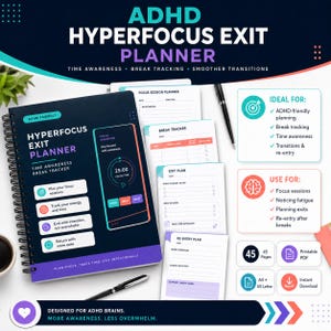 Op de afbeelding: Een spiraalgebonden ADHD Hyperfocus Exit Planner met een donkerblauwe kaft met een digitale timer-afbeelding. Inbegrepen zijn losse vellen voor focussessies, pauzetracking, exitplannen en herintredeplannen, samen met een zwarte pen.