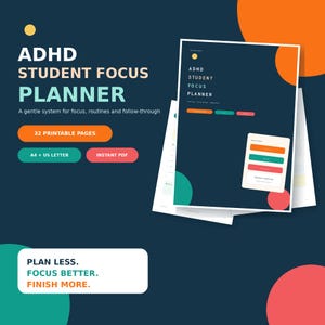 Planificador de concentración para estudiantes con TDAH, organizador de estudio, desglose de tareas, seguimiento de la concentración (descarga digital)