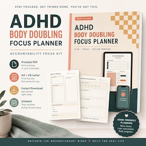 Op de afbeelding: Een ADHD Body Doubling Focus Planner kit met een printbare PDF, A4 en US Letter formaten en ongedateerde pagina's. Het ontwerp bevat een dagelijks focusblad, een check-in en reflectiepagina en een focus sessie planner met een dambordpatroon.