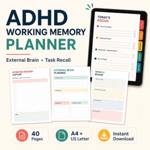 ADHD Working Memory Planner, External Brain System, Forgetfulness & Task Recall, Executive Function Printable PDF