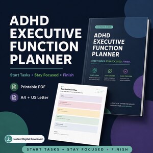 May include: A dark blue ADHD Executive Function Planner book with white text and a matching white printable PDF page titled Task Initiation Map. The planner features sections for goals, reasons, tasks, first steps, and notes in pastel colours.