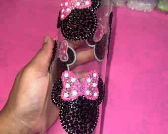 Vaso de cristal con forma de ratón, rosa y negro, con lazo brillante, listo para enviar. Vaso de cristal prefabricado y hecho a mano.