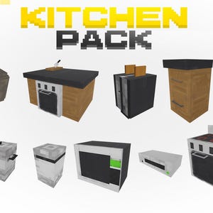Puede incluir: Una colección de electrodomésticos de cocina pixelados, que incluyen un cubo de basura, armarios, un microondas, una estufa y una cafetera. El texto "KITCHEN PACK" se muestra en letras amarillas en bloque sobre los electrodomésticos. El logotipo "MINECRAFT CREATORS" está en la parte inferior.