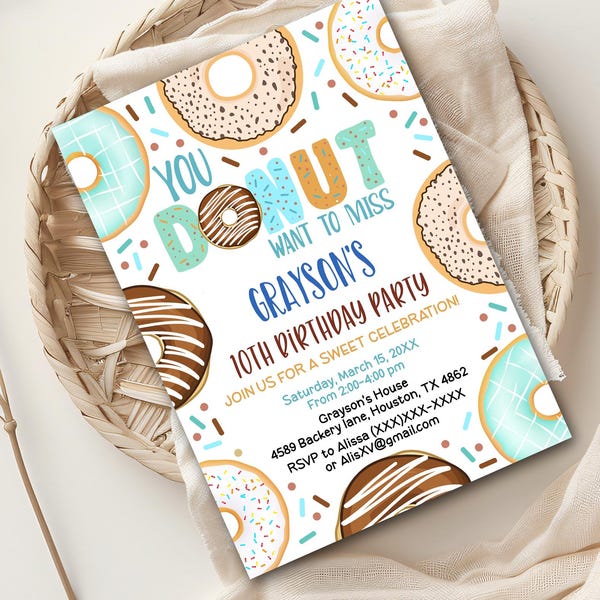 Editable Donut Birthday Boy Invitation, Printable Donut Party Invite (Digital Download) PM104