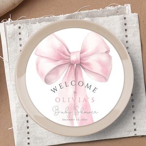 Assiette à chargeur modifiable avec noeud rose, décoration minimaliste pour baby shower, accent de table coquette PM111