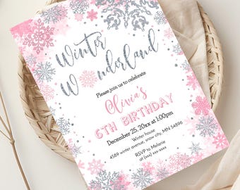 Editable Pink Snowflakes Birthday Invitation, Winter Wonderland Theme (Digital Download) PM119