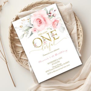 Editable Blush Floral First Birthday Girl Invitation, Printable Little Miss Onederful Invite PM101