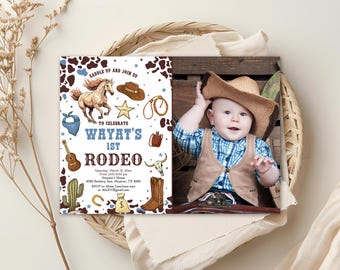May include: A cowboy-themed invitation for a first birthday rodeo. The invitation features a baby in a cowboy hat and vest, alongside illustrations of a horse, cowboy boots, and a guitar. The text reads "WAYAT'S 1ST RODEO".