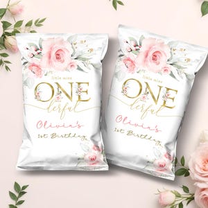 Editable Blush Pink Floral Chip Bag, Printable Little Miss Onederful Chip Bag Label, Boho Pink Gold Rose Flower Party Favors PM101