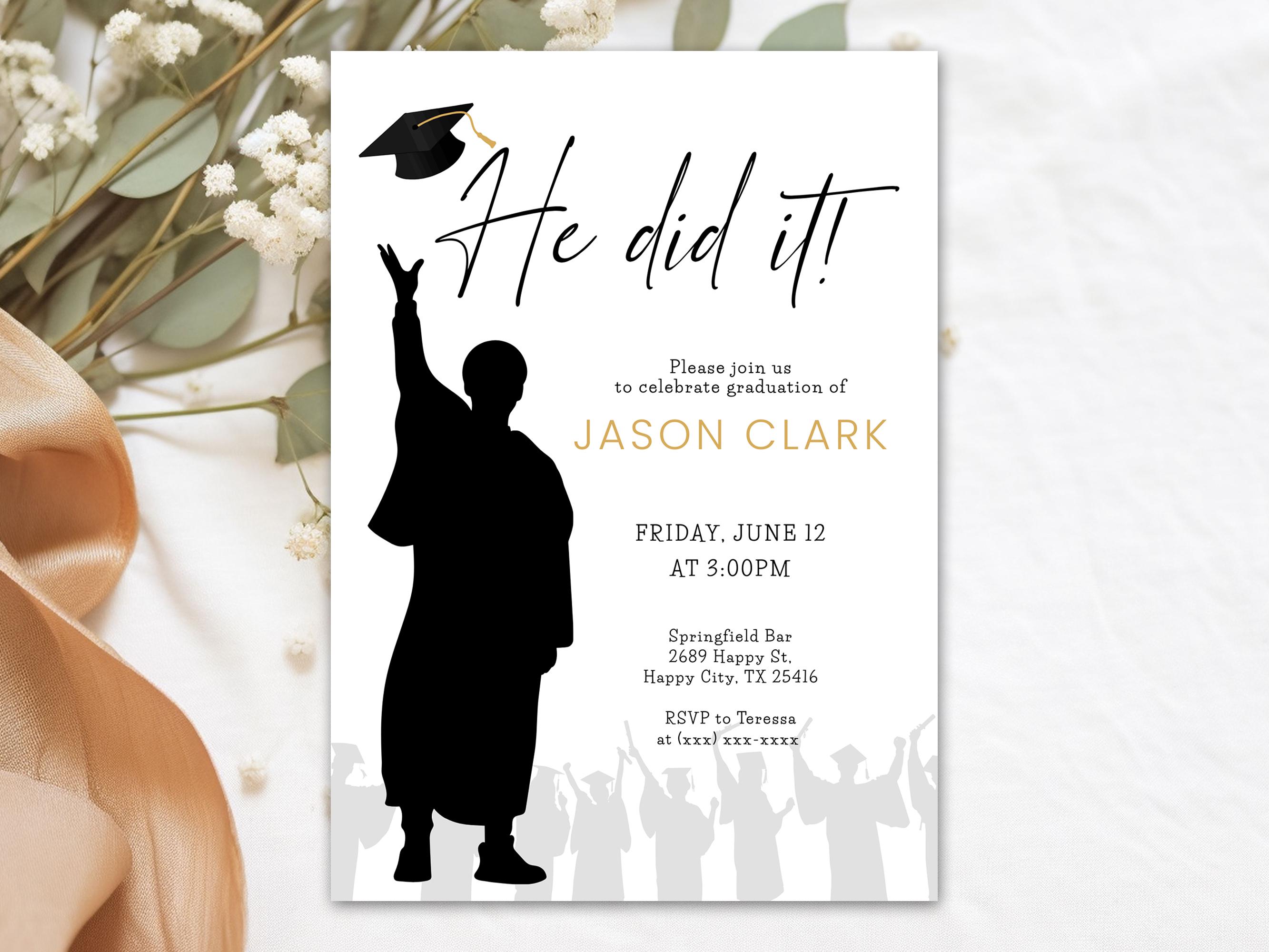 Editable Boy Graduation Invitation, He Did It Grad Party Card Printable ...