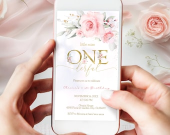 Edytowalne, różowe, kwiatowe zaproszenie na telefon dla dziewczynki na urodziny, Little Miss Onederful Digital Evite PM101
