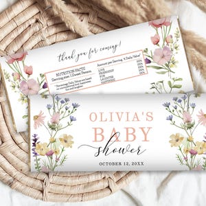 Editable Wildflower Baby Shower Candy Bar Wrapper, Printable Floral Chocolate Label PM100