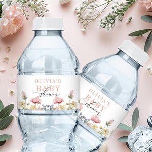 Editable Water Bottle Labels, Wildflower Baby Shower Decor, Floral Drink Wrapper, Printable PM100