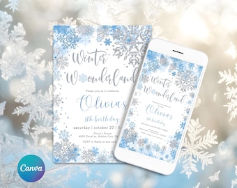 May include: A rectangular invitation card and a smartphone displaying a Winter Wonderland birthday invitation for Olivia. The design features blue and silver glitter snowflakes on a white background with text including date, time, and location details.