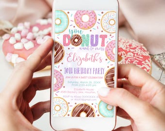 Bewerkbare telefoonuitnodiging met strooisel voor meisjes, sms-uitnodiging, digitaal donutfeest PM104