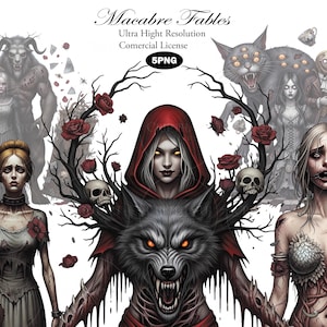 Puede incluir: Ilustración digital con temática gótica, con personajes de cuentos de hadas. La imagen incluye una mujer con capucha roja con un lobo, una mujer con la boca cosida y otras figuras. El texto "Macabre Fables" está en la parte superior.