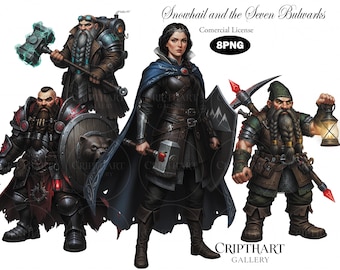 May include: Digital illustration featuring a fantasy theme with five characters. A woman in a dark cloak and armor stands with a hammer and shield. Other figures include dwarves with weapons and gear, including a glowing hammer and a lantern.