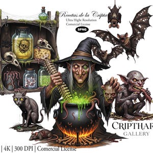 May include: A digital illustration featuring a witch stirring a bubbling cauldron with a green potion. The image includes bats, a cat, a rat, and jars filled with eyeballs and skulls. The text "Recetas de la Cripta" is visible.