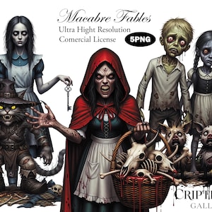 May include: Digital illustration featuring characters from "Macabre Fables." The image includes a zombie, Little Red Riding Hood, Alice in Wonderland, and a cat in a hat. The characters are surrounded by skulls and other spooky elements. The text "Macabre Fables" is at the top.