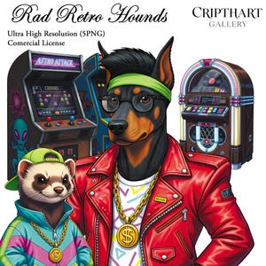 Könnte beinhalten: Digitale Illustration mit einem Dobermann und einem Frettchen, beide in Retro-Kleidung und mit goldenen Dollarzeichen-Halsketten. Der Dobermann trägt eine rote Jacke, eine Brille und ein grünes Stirnband. Spielautomaten und eine Jukebox sind im Hintergrund. Text: "Rad Retro Hounds".