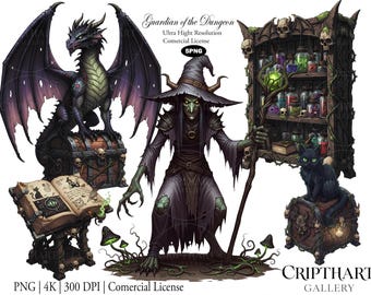 Pack of 5 Witch & Dragon Clipart | Gothic Fantasy PNG Illustrations | Instant Download | Commercial License