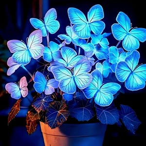 Peut inclure: Une composition vibrante de décorations de papillons bleus, avec des touches de violet et de rose, disposées dans un pot avec des feuilles bleu foncé. Les papillons ont des motifs d'ailes détaillés et sont éclairés sur un fond sombre.