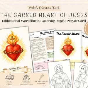 Peut inclure: Un pack éducatif catholique sur le Sacré-Cœur de Jésus comprenant des fiches pédagogiques, des coloriages et une carte de prière. L'ensemble présente des illustrations d'un cœur rouge avec une croix et une couronne d'épines, ainsi que des dessins.