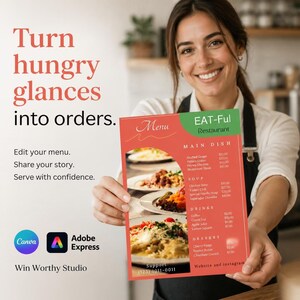 May include: A rectangular restaurant menu template featuring a coral and green color scheme with the text EAT-Ful Restaurant, Menu, Main Dish, Soup, Drinks, and Dessert. The design includes three food images and placeholders for pricing and contact info.