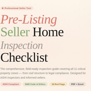 May include: A cream-coloured graphic with the text "Pre-Listing Seller Home Inspection Checklist." The text is in various colours and fonts. Below the title is a description of the checklist and several coloured boxes with text.