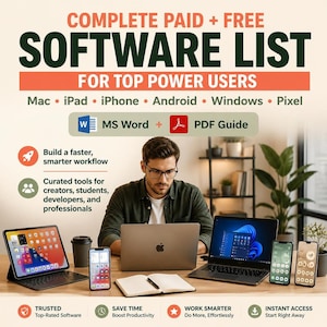 Op de afbeelding: Een digitale afbeelding met de titel COMPLETE PAID + FREE SOFTWARE LIST FOR TOP POWER USERS. Het bevat iconen voor Mac, iPad, iPhone, Android, Windows en Pixel, plus MS Word en PDF Guide. Tekst benadrukt workflow, tools en directe toegang.