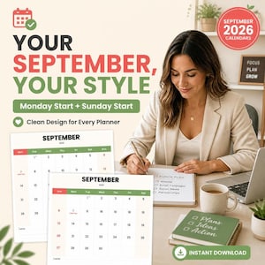 September 2026 Calendar Sunday and Monday Start with Note Section PNG Bundle