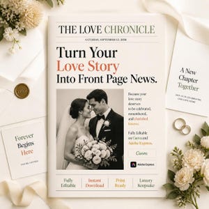 May include: A newspaper template titled THE LOVE CHRONICLE featuring a black and white photograph of a couple in wedding attire. The text reads Turn Your Love Story Into Front Page News, with sections for editing in Canva and Adobe Express.