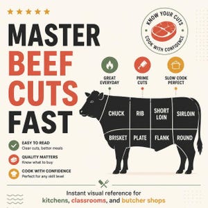 May include: A graphic poster titled Master Beef Cuts Fast featuring a black silhouette of a cow divided into sections labeled Chuck, Rib, Short Loin, Sirloin, Brisket, Plate, Flank, and Round. The design includes icons for cooking methods and text.