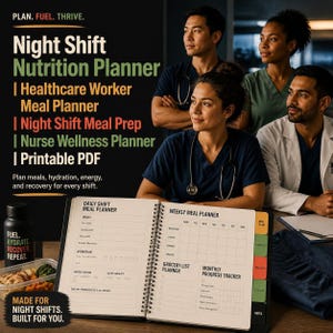 May include: A spiral-bound Night Shift Nutrition Planner with sections for daily and weekly meal planning, grocery lists, and progress tracking. The planner includes fields for meals, hydration, energy, and sleep quality, alongside a black water bottle.