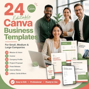 Könnte beinhalten: Eine digitale Marketinggrafik für 24 bearbeitbare Canva-Geschäftsvorlagen mit vier lächelnden Fachleuten, einem Laptop und gedruckten Dokumenten mit den Titeln Invoice, Project Proposal, Internal Memo, Company Profile und Press Release.