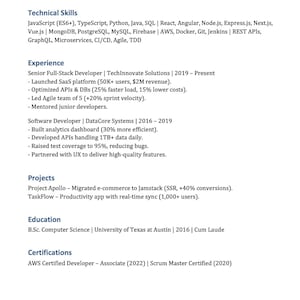 May include: A resume document with sections for Technical Skills, Experience, Projects, Education, and Certifications. The document lists programming languages, software, and project details, including a B.Sc. in Computer Science.