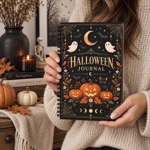 Könnte beinhalten: Ein schwarzes, spiralgebundenes Halloween Journal mit einem goldenen Halbmond, zwei weißen Geistern, einer schwarzen Katze und drei orangefarbenen Kürbissen, umgeben von Herbstblättern, Spinnweben und Sternen auf dem vorderen Einband.