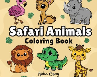 May include: A children's coloring book titled "Safari Animals Coloring Book" featuring cartoon illustrations of a flamingo, deer, rhino, lion, crocodile, and giraffe. The author's name is Aiden Oway, and the book is described as "Bold & Easy."