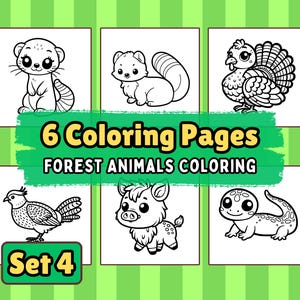 SET 4 | Forest Animals Coloring Book – 6 Bold and Easy Pages for Kids & Adults | Woodland Animal Coloring Pages