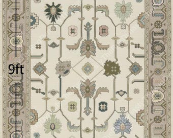 Elegant Hand Knotted Oushak Rug 9x12 Ivory Sage Blue Wool Area Rug