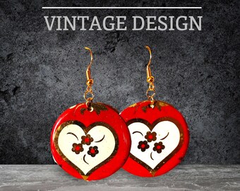 Red and Gold Heart Earrings- Handmade Vintage Upcycled Cookie Tin Jewelry