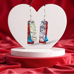 Three Layered Embossed Metal Earrings with Hearts, Red Turquoise Silver, Recycled Cookie Tin Jewelry