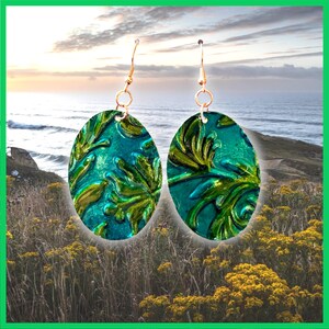 Blue Green Alcohol Ink Flower Earrings-Upcycled Biscuit Tin Jewelry