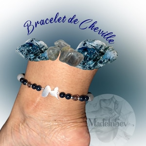 Bracelet de Cheville Guadeloupe Saphir Bleu Naturel, Quartz fumé & Labradorite