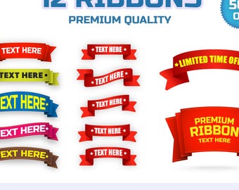 12 Ribbon Template Bundle | Digital Ribbons Clipart and Banner Design | PSD, PNG, SVG etc.